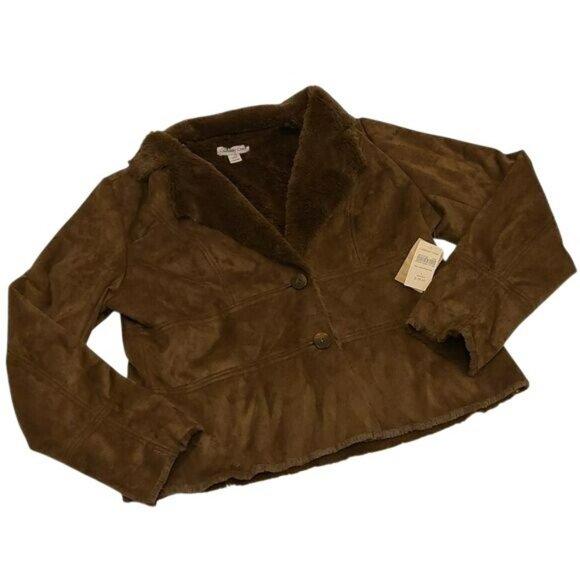Coldwater Creek Faux Shearling Coat Button Up Brown Women's Large L 14 16 - Picture 1 of 13